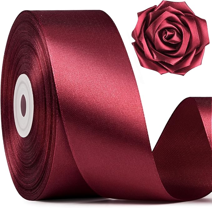 1-1/2 Inch Wide Dark Red Satin Ribbon, 50 Yards Solid Polyester Fabric Ribbon for Roses Making, Gift Wrapping, Christmas, Wedding Decorations, Crafts, Bows, Flower Bouquets
