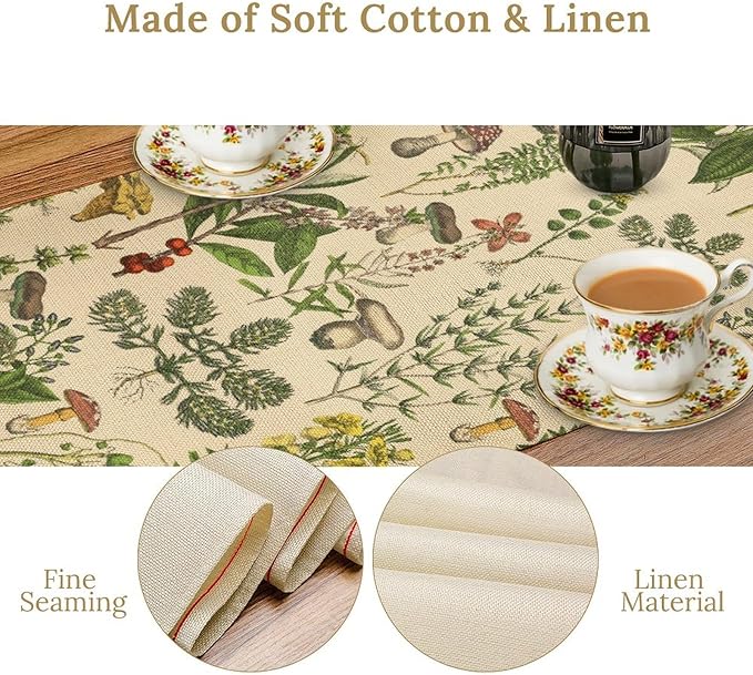 Vintage Botanical Table Runner, Antique 1900s Plants Herbs Mushroom Boho Retro Wildflower Ferns Print Table Runner for Farmhouse Kitchen Indoor Outdoor Decoration, 13x60inch