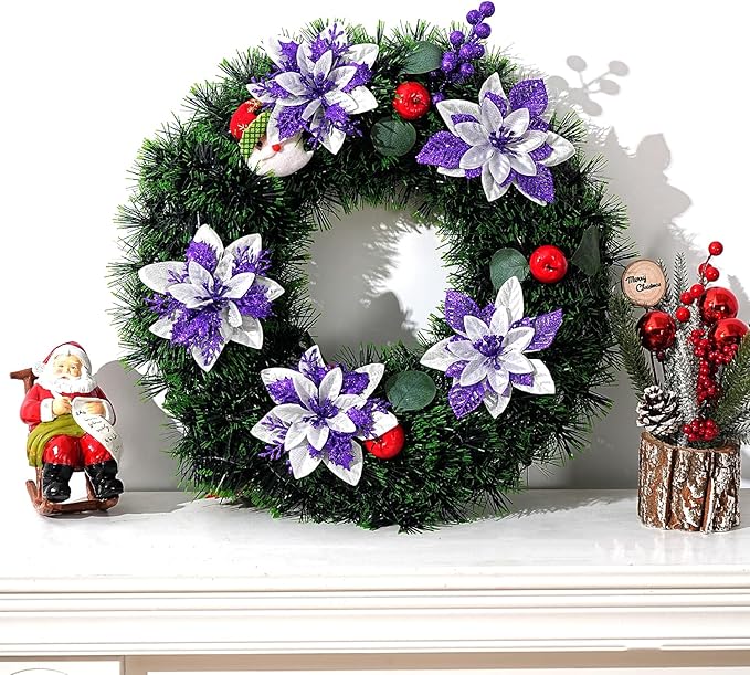 24 Pcs Purple Boxed Christmas Poinsettia Flowers Set, 16 Pcs Artificial Poinsettias with Clips, 8 pcs Glitter Christmas Tree Ornaments Berry Stems for Wedding Home Holiday Xmas New Year Decorations