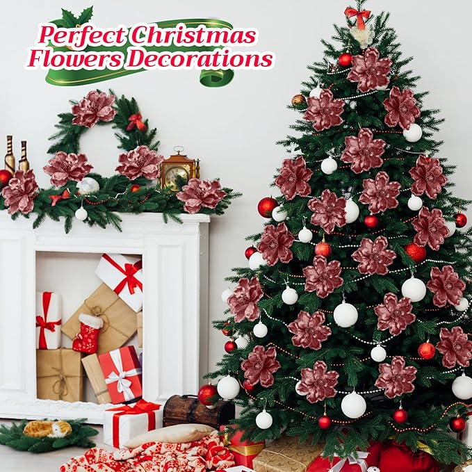 20 Pcs Christmas Glitter Poinsettia Magnolia Flowers Ornaments Large Heads Artificial Magnolia Flowers for Christmas Tree Xmas Wreath Holiday Wedding Decor(Rose Gold)