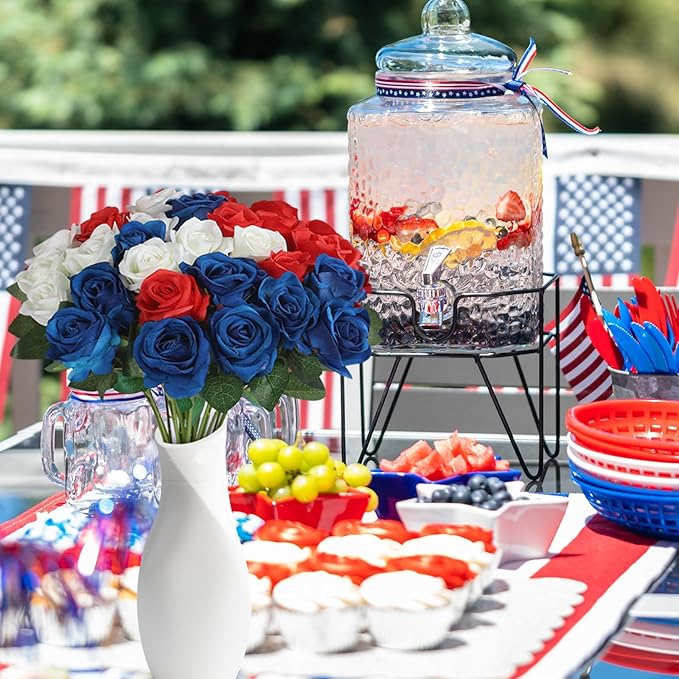 30pcs Fake Roses Artificial Silk Flowers Long Stems Bouquet for Wedding Bridal Shower Party Home Decoration (Red,White,Blue)