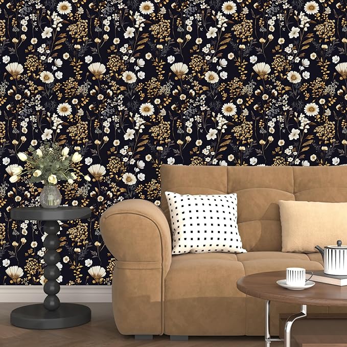 Dark Floral Peel and Stick Wallpaper Vintage Flower Contact Paper Vinyl Waterproof Self Adhesive Removable Retro Decor Black gold Botanical Wall Paper for Bedroom Walls Bookcase Drawers 17.5" x 118"