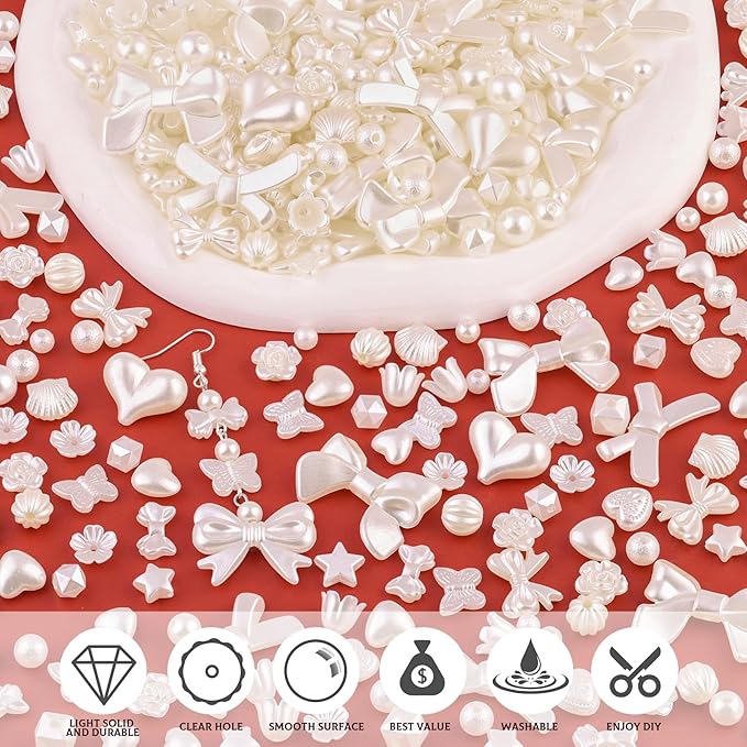 Assorted 270-320PCS Mix ABS Imitation Pearl Beads for Bracelet Making, Bow Heart Kawaii Acrylic Beads,Cute Bead for Jewelry Making DIY Necklace Keychain Phone Charm Christmas Gifts