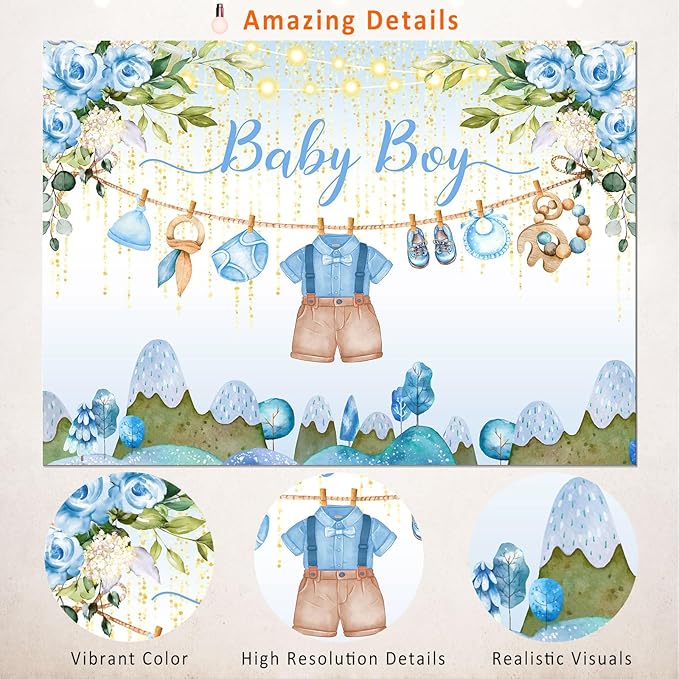 Blue Floral Baby Shower Backdrop Banner Decorations for Boy,Oh Baby Boy Outfit Backdrops Banner Watercolor Flower Photography Background for Baby Shower Party Supplies Photo Booth Props 8x6ft