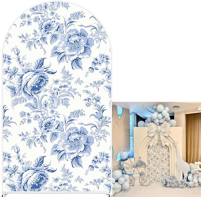 Blue Toile Arch Backdrop Vintage Floral French Toile Style Backdrop Elegant Blue and White Botanical for Wedding Baby Shower Classic European Party Decor Photography Background (G4224,7.2FT)