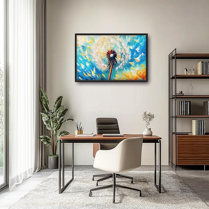 Extra Large Abstract Dandelion Framed Wall Art for Living Room,Oversized Colorful Dandelion Flower Pictures Wall Decor,Blue Canvas Print Painting Modern Artwork Bedroom Office Bathroom 36L x 24W