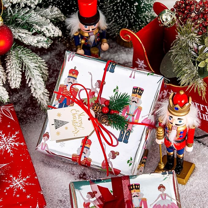 MAYPLUSS Christmas Nutcracker Wrapping Paper - 17 Inch X 33 Feet - Metallic Christmas Gift Wrapping Paper Featuring Holly Cute Ballet Girl Reversible Snowflakes for Holiday Party New Year Kids