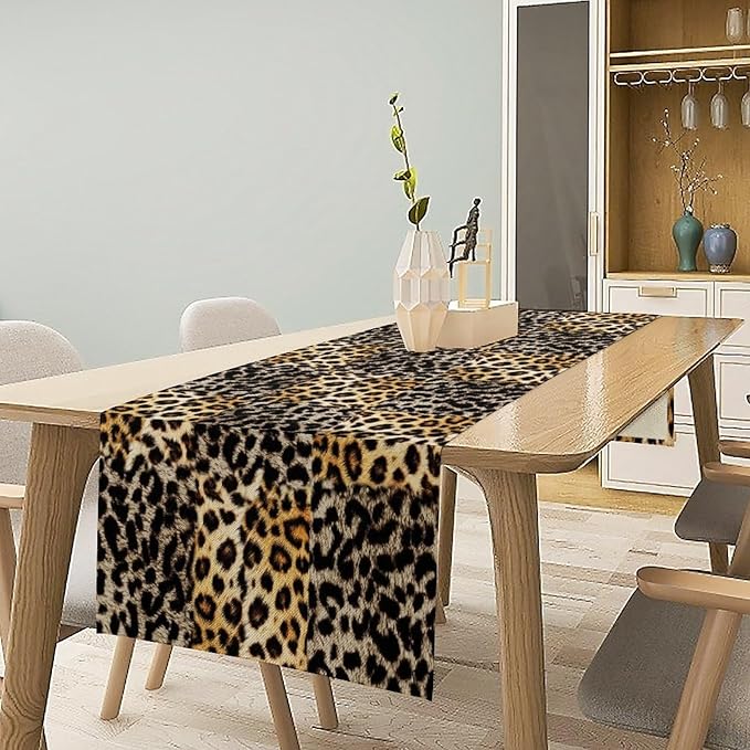 Animal Skin Print Table Runner, Vintage Leopard Farmhouse Cottage Country Western Wildlife Safari Dinner Runner for Home Kitchen Dining Table Party Holiday 13x90in
