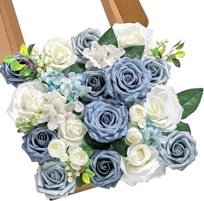 Serwalin Artificial Flowers Blue Fake Silk Foam Wedding Flowers for Bridal Bouquet White Roses with Stems for Home Party Decoration Faux Flower Table Centerpieces Arrangements for Baby Shower