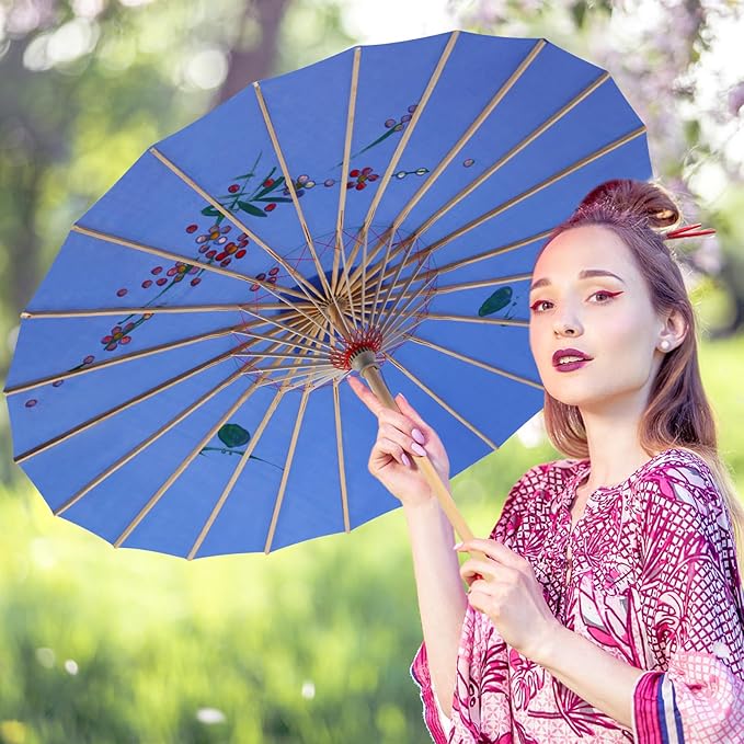 33" Dark Blue Flower Silk Cloth Decoration Handmade Parasol Umbrella Chinese Japanese Asian DIY Art Dance Classical Umbrella for Wedding Parties Photography Costumes Cosplay (Dark Blue)