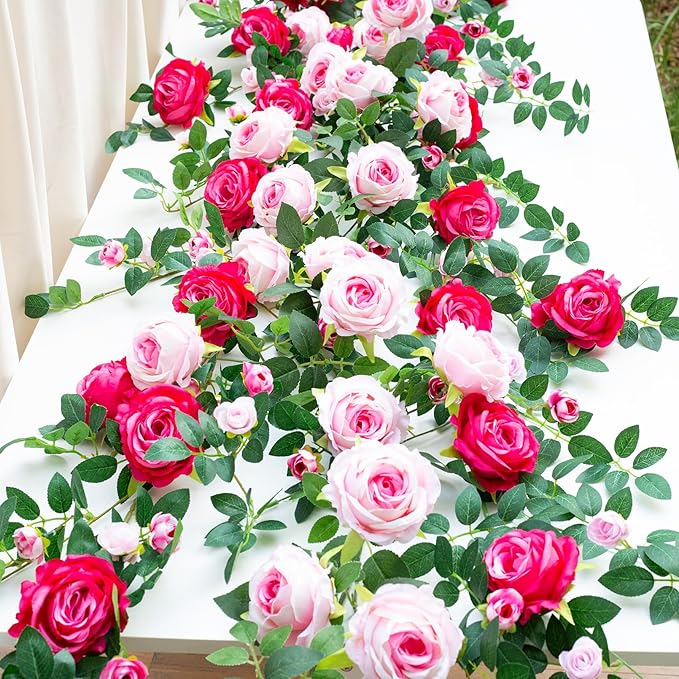 6FT Bendable Flower Garland, Artificial Rose Vine Hanging Floral Garland Decoration for Weding Home Room Wall Decor (Fushia, 2pcs)