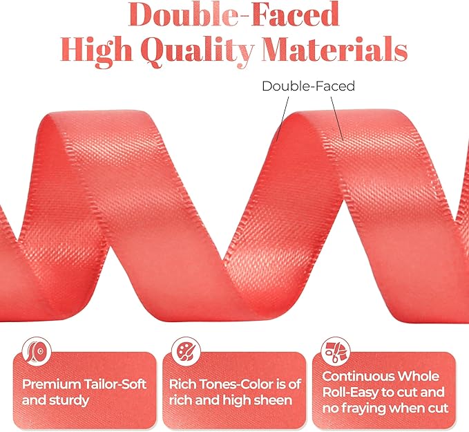 Coral Satin Ribbon, Double Faced 5/8 Inch X 50 Yards Coral Ribbon, for Gift Wrapping, Crafts, Hair Bow Making, Sewing, Flower Bouquet, Wedding Party Decor