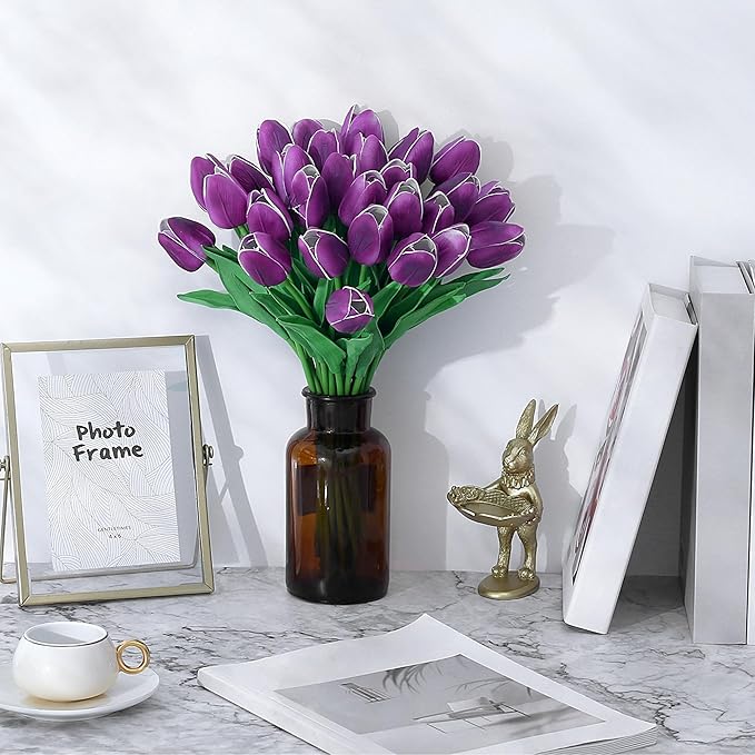 SITUMEIZI 15pcs Purple Tulips Fake Artificial Flowers Real Touch 14" Silk Flower for Home Decor Spring Easter Wedding Bouquet Decorations Floral Arrangements#