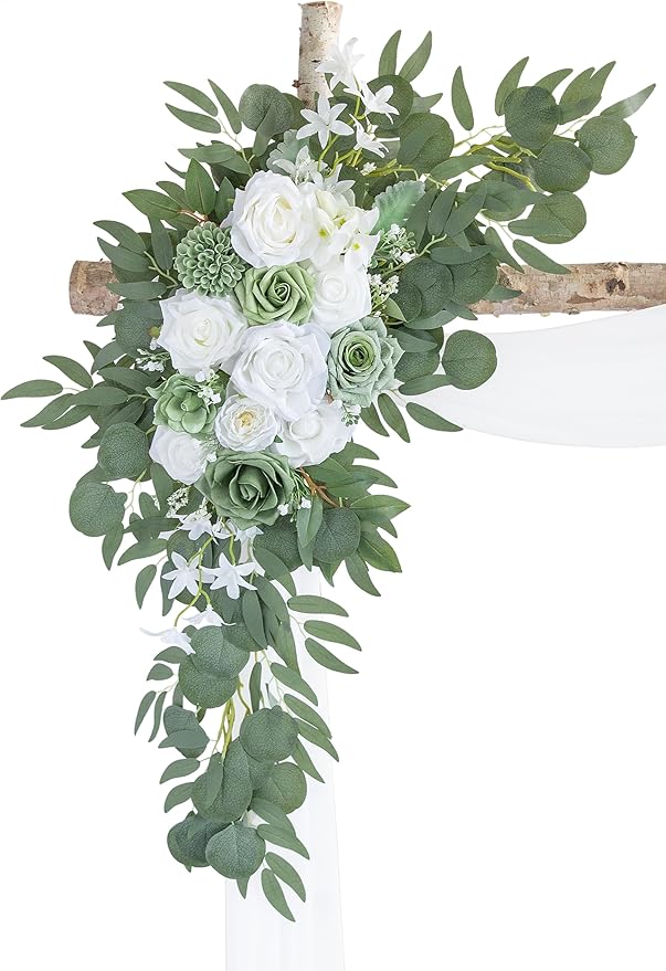 ponatia Wedding Arch Flowers with 26Ft White Arch Draping Fabric, Artificial Sage Green Wedding Flowers for Wedding Welcome Signs Decorations and Arch Flowers for Wedding Ceremony Reception