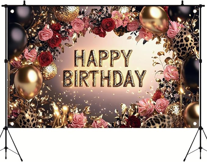 Red and Black Happy Birthday Backdrop Banner Gold Balloons Rose Flowers Leopard Print Party Decorations Photography Background Women Girls Birthday Photo Booth Props 71x43 Inch