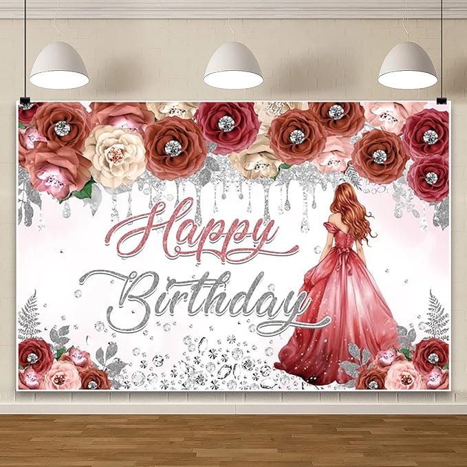 AOFOTO Happy Birthday Backdrop Red Beige Pink Rose Floral Diamond Print Photography Background for Women Girls Birthday Party Banner Home Wall Decor Photo Studio Booth Props 6x4ft