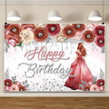 AOFOTO Happy Birthday Backdrop Red Beige Pink Rose Floral Diamond Print Photography Background for Women Girls Birthday Party Banner Home Wall Decor Photo Studio Booth Props 12x8ft
