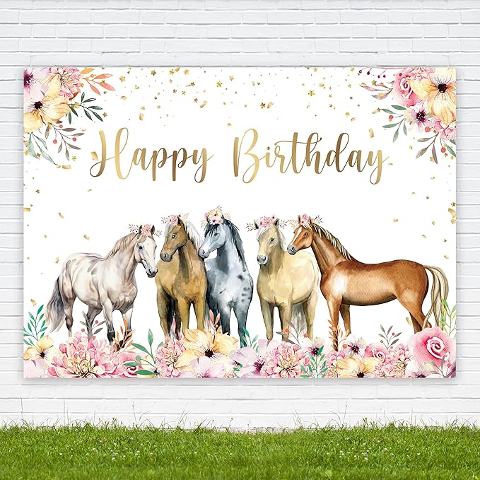 Riyidecor Horse Happy Birthday Backdrop Watercolor Florals 7Wx5H Feet Polyester Fabric Western Cowgirl Photography Background for Girls Women Princess Children Table Decor Banner Studio Photo Shoot