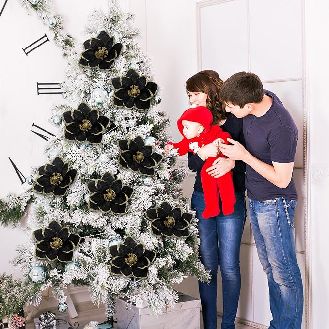 8 Pcs Large Christmas Flower Magnolia Flowers Christmas Tree Decoration Artificial Poinsettia Stems Velvet Xmas Ornaments for Xmas Tree Table Decor(Black,12 Inch)
