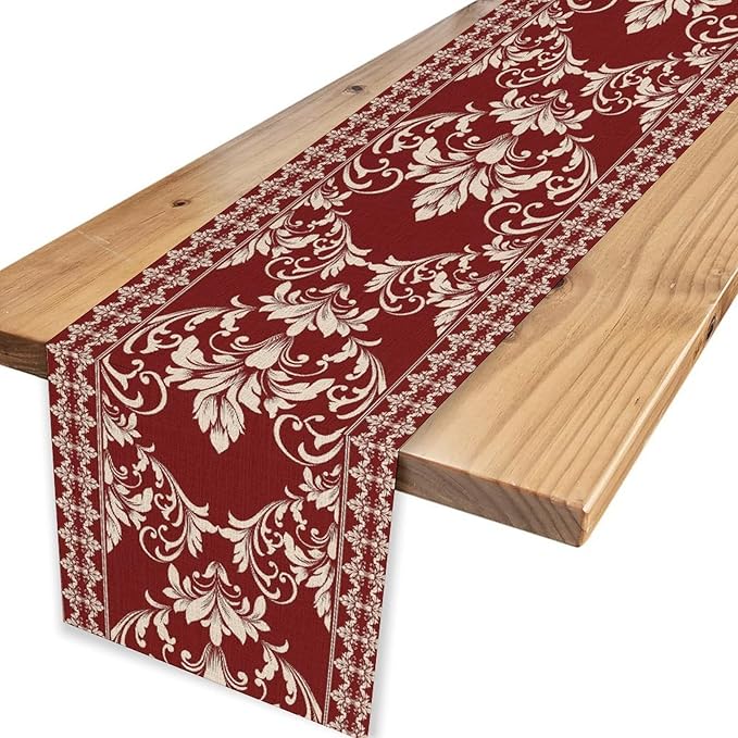 Damask Table Runner, Red Rustic Damask Antique Floral Retro Boho Art Pattern Linen Coffee Table Center Decor for Home Kitchen Dining Decorations Indoor Outdoor 13x72 inch