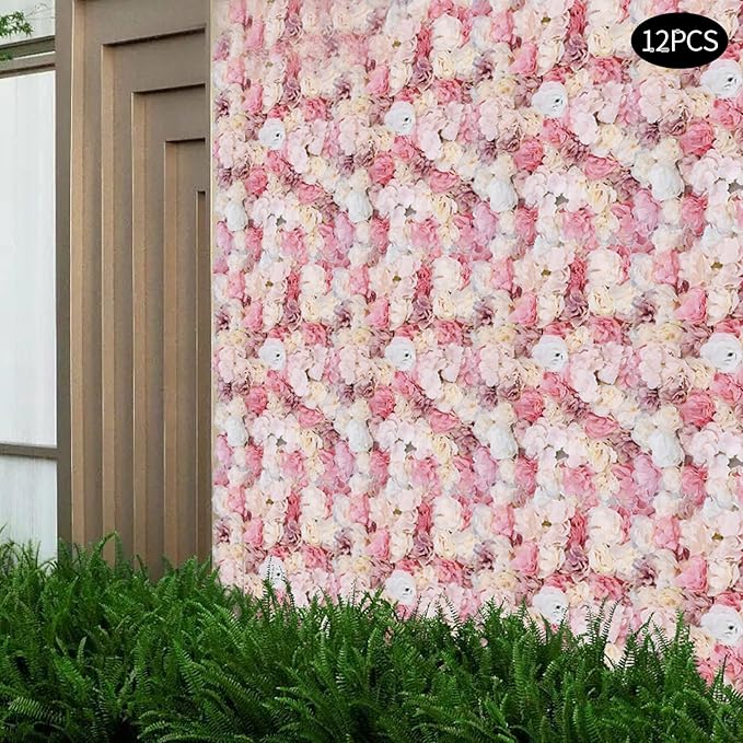 12pcs 24" x 16" Artificial Flower Wall Panel Background,3D Pink Silk Dahlia Hydrangea Rose Flowers Wall Backdrop for Wedding Party Event Photo Backdrop Wall Decor (Type 4)