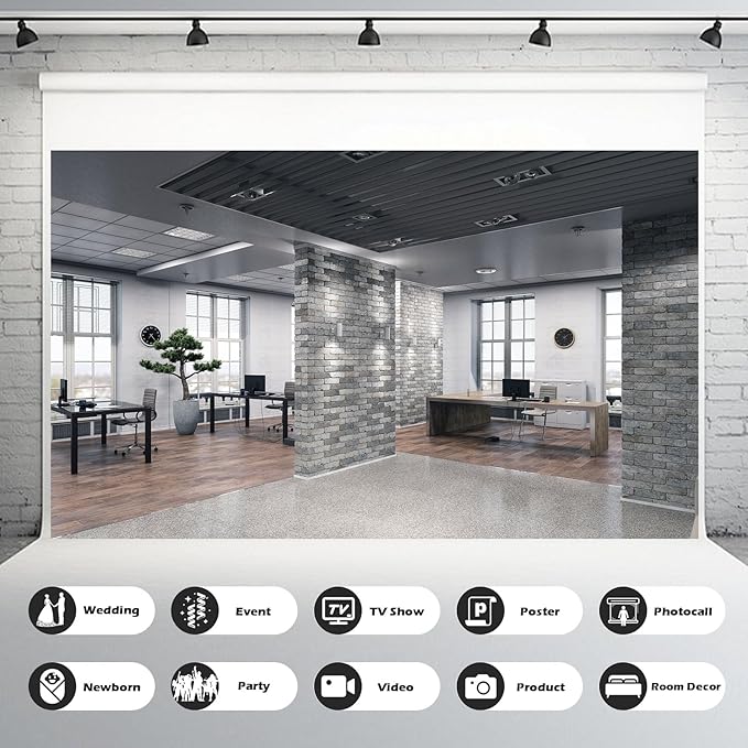 Modern Office Background for Video Conference Business Office Backdrop Interior Brick Wall Windows Virtual Offices Scene Photography Background Live Video Zoom Calls Backdrop Props 12x8ft