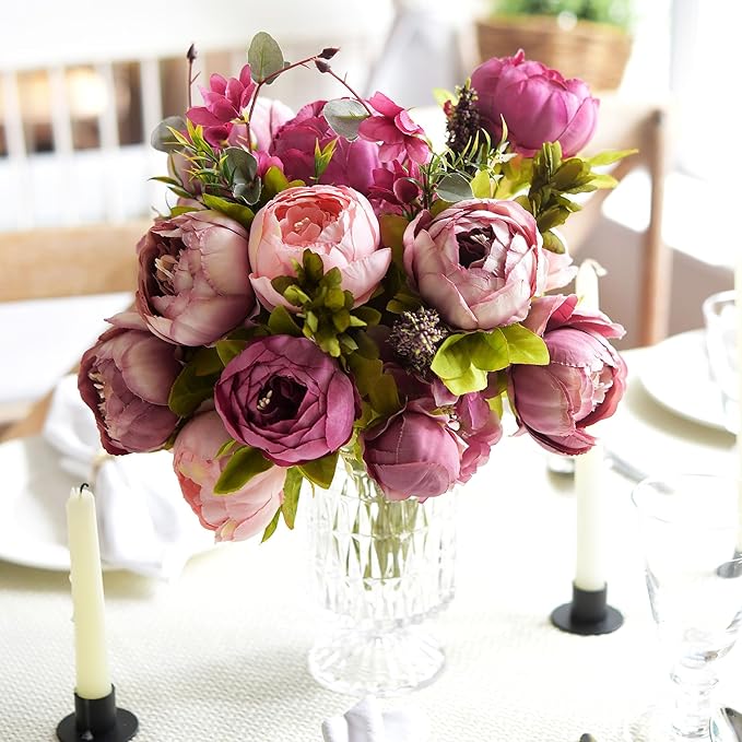 FiveSeasonStuff Soft Peach Pink and Magenta Red Vintage Artificial Peonies Silk Flowers and Hydrangeas for Wedding Bridal Home Decor – Beautiful Floral Centerpiece Bouquet (Celestial Beauty)