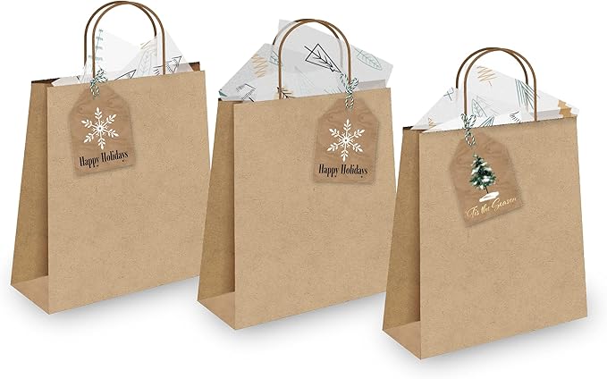Pro Supply Global 24 Count of 2.5 Inch x 3 Inch Pre Strung Christmas Fir Trees Gift Tag Assorted Printed Designs on Large Cardstock Gift Hang Tags - Ideal to Use on Bags