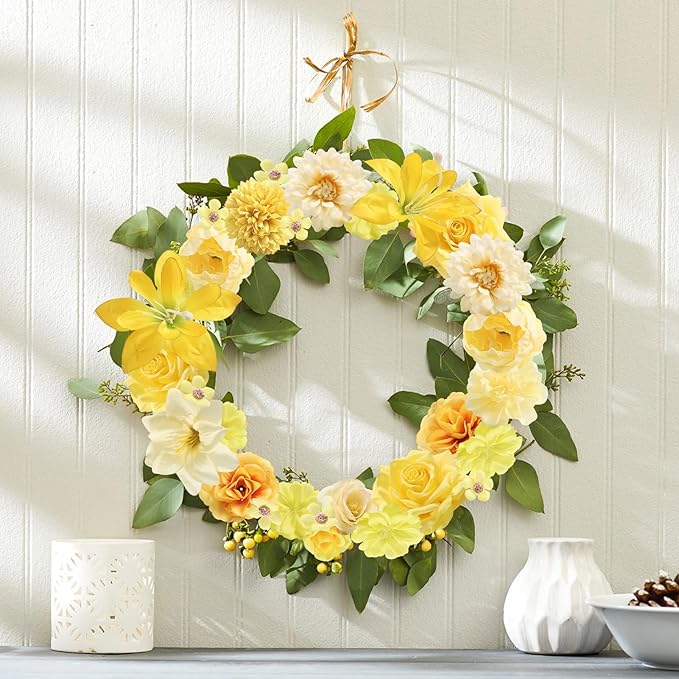 rongflower Fake Flower Heads for Crafts - Yellow Silk Artificial Roses, Peonies, Daisies & Mini Floral Heads Bulk (48-Pack) for Wedding Decor, Graduation Cap, Cake Topper, Baby Shower, Home Decoration