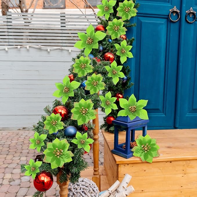 WILLBOND 24 Pcs 3 Size Poinsettia Flower Artificial Christmas Decor Glitter Poinsettia Christmas Ornaments Faux Flowers for Xmas Tree Outdoor(3.2/4/6 Inches,Green)