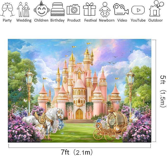 Riyidecor Princess Castle Backdrop Polyester Fabric Fairy Tale Horse Carriage Garden Floral 7Wx5H Feet Wonderland Photography Background Wedding Birthday Photo Studio Shoot