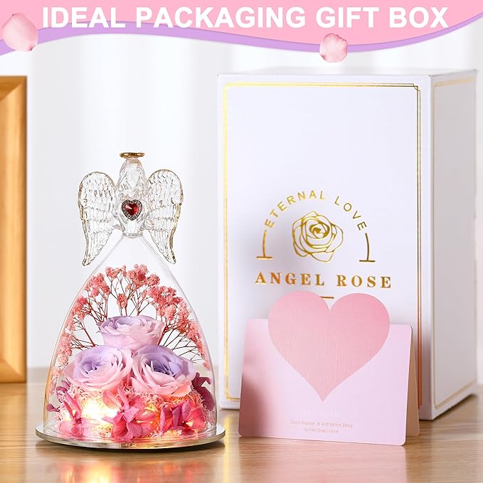 Mothers Day Rose Gifts for Women, Large Angel Figurines with Real Roses, Preserved Real Flower Rose for Her, PinkPurPink