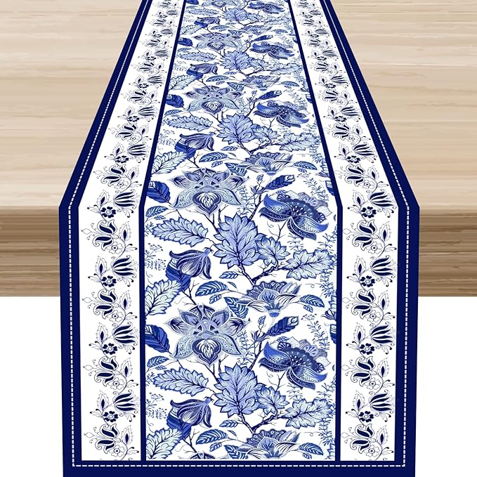 Blue Floral Table Runner, Rustic Vintage Paisley Floral Retro Boho Art Linen Coffee Table Center Decor for Family Kitchen Farmhouse Holiday Party Table Decorations Indoor Outdoor 13x108 inch
