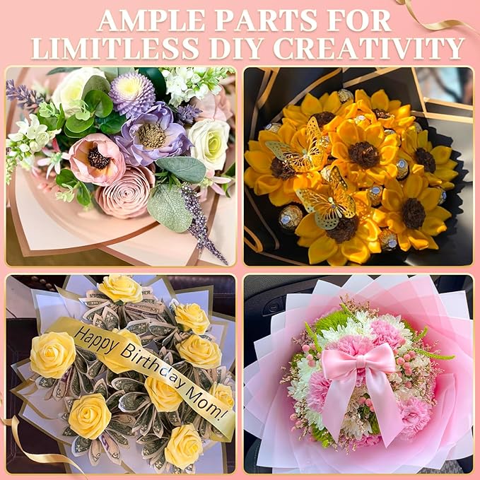 260Pcs Flower Bouquet Wrapping Paper Kit , 60 Sheets Wrapping Paper, 36 Butterflies, 8 Crowns, 1 Headband, 4 Ribbons, 15 Cards, 100 Diamond Pins, Floral Wire, 3 Stickers, 3 Tapes (White & Yellowish)