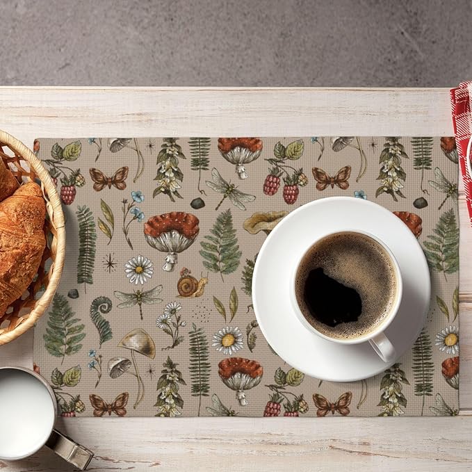 Mushroom Placemats Set of 4,Vintage Gothic Mushroom Fern Kitchen Place Mats Linen 12x18 Inch,Brown 4 PCS, Style-6