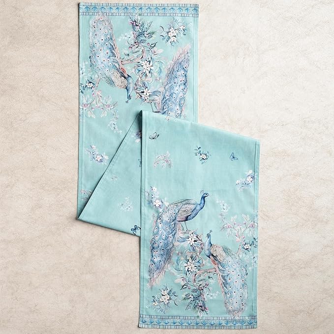 Maison d' Hermine Tablerunners 100% Combed Cotton Premium Table Runner Decorative Table Cover, Kitchen, Parties, Peacock Utopia - Pastel Turquoise, Double Layer - (14.5"x108")