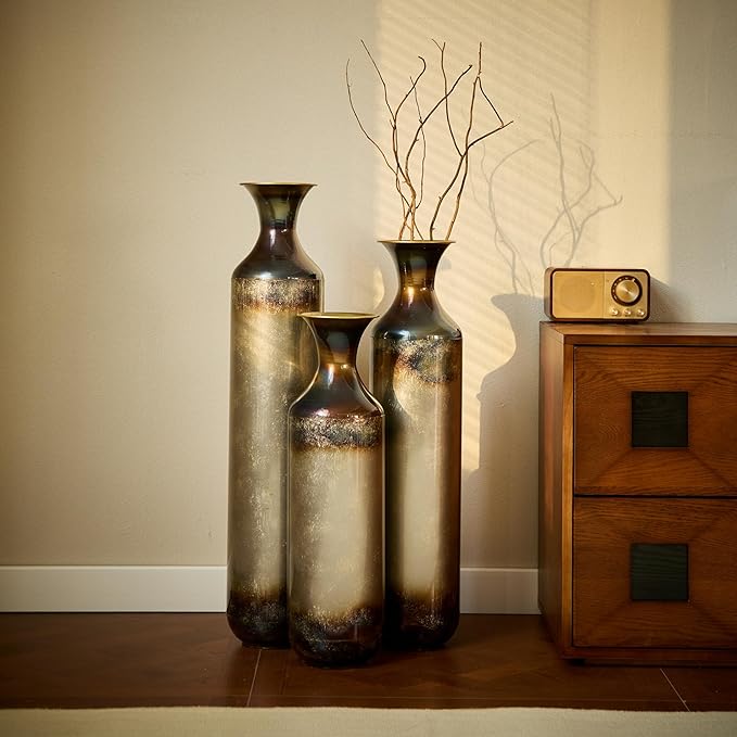 Metal Tall Floor Vases Set of 3, Hand-Forged Burnt Finish Rustic Floor Vase for Home Decor, 28.34 24.4 20.4 Inch Tall Decorative Vases for Farmhouse Industrial Living Room