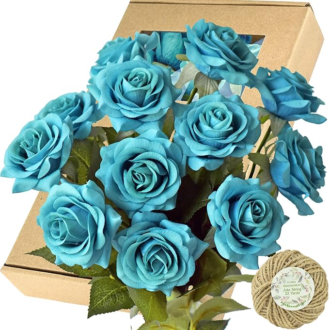 FiveSeasonStuff Silk Roses Artificial Flowers for Decoration, Home Decor Centerpiece for Tables, Wedding Bridal Bouquet of Flowers Real Touch Roses 12 Stems (Teal)