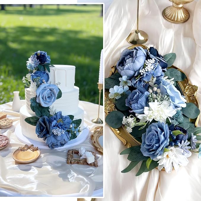 Pre-Made Dusty Blue Silk Flowers for Cakes Decorations Navy Royal Blue Artificial Rose Peony Wedding Cake Toppers Decorating Fake Floral Anniversary Birthday Party Arrangements Table