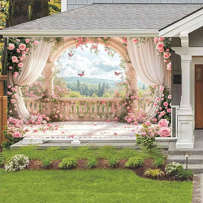 20X10ft Pink Floral Photography Backdrop, Retro Flowers Photography Backdrop Dreamlike Wedding Portrait Photo Background Wedding Birthday Party Background Banner Decor, Pink-1