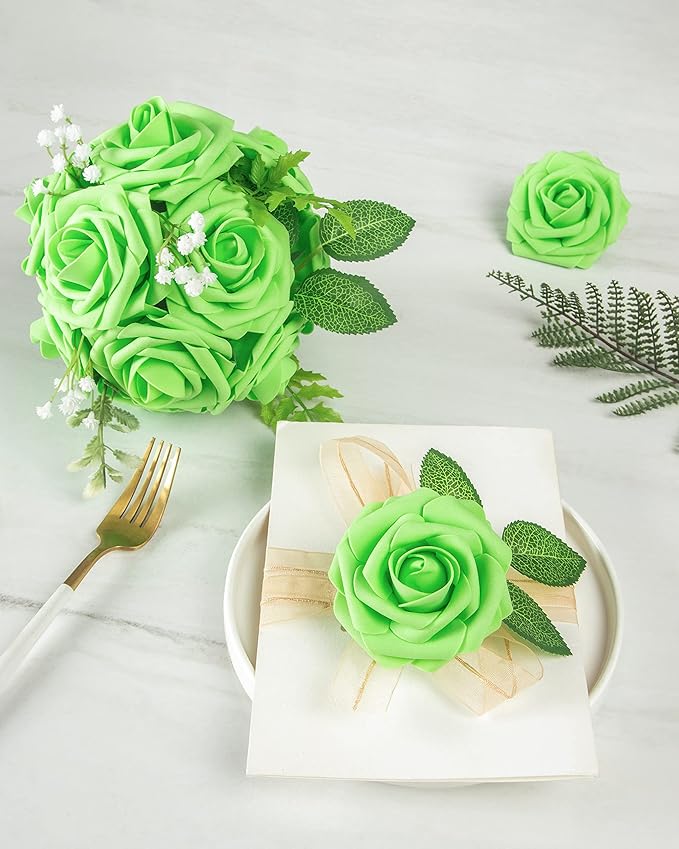 DuHouse 25Pcs Artificial Roses Flowers Fake Roses with Stems Real Touch Foam Flowers for DIY Wedding Bouquet Baby Shower Centerpiece Floral Arrangement Party Home Decor(Light Green)