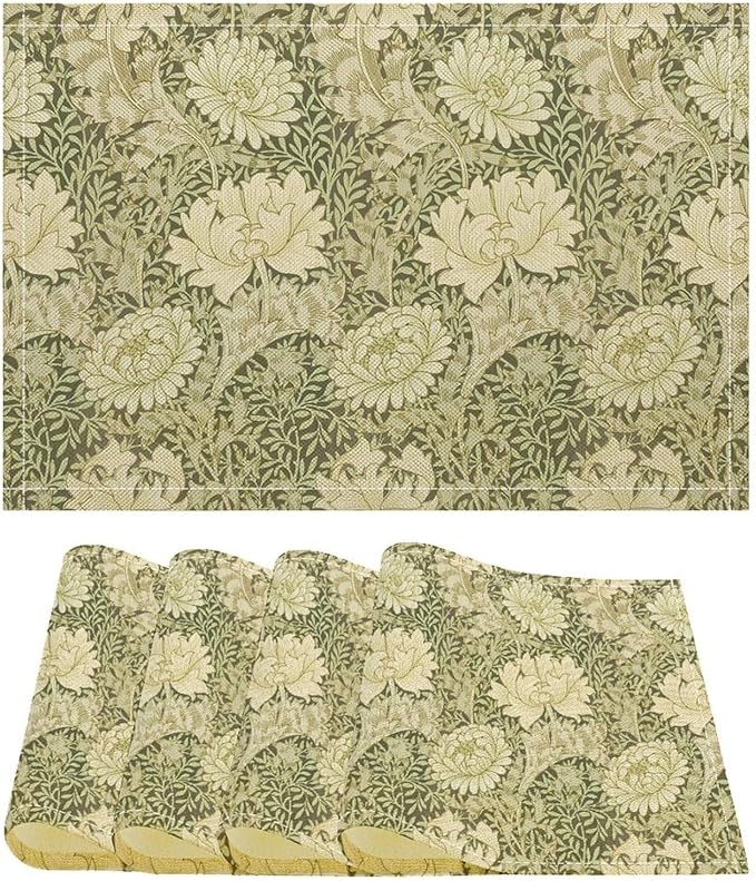 Retro Flower Placemats William Morris Country Farmhouse Flowers Art Printed Dining Table Mats Set of 4 for Home Kitchen Holiday Picnic Party Decoration 12x18in