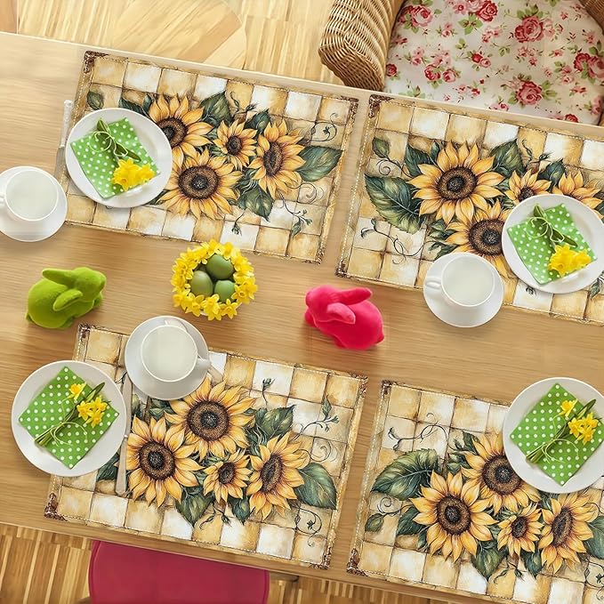 Farmhouse Sunflower Placemats Set of 6, Country Flowers Place Mats, Rustic Yellow Check Dining Table Mats, Washable Placemats for Kitchen Dining Room Home Decor 18L'' × 12W''