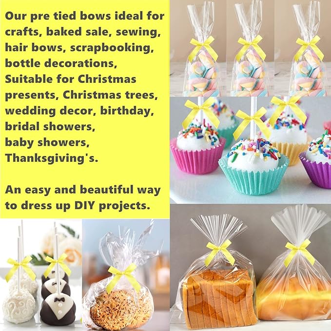50 Pack 3" Satin Twist Tie Bows, Twist Bows for Treats, Ribbon Bows with Twist Ties Gift Wrap Bows, Pretied Bows Ties for Cake Pops, Baby Shower, Sweets Packaging, Party Favors, Gifts (Yellow)