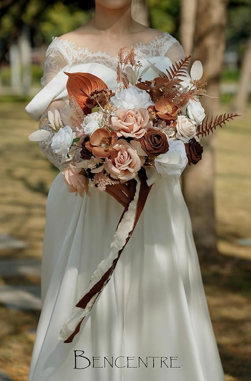 14 Inch Walnut Brown Bridal Bouquet,Wedding Bouquet,Bride Bouquets for Wedding Ceremony Anniversary, Boho Wedding,Party and French Rustic Vintage Wedding,Artificial Flowers