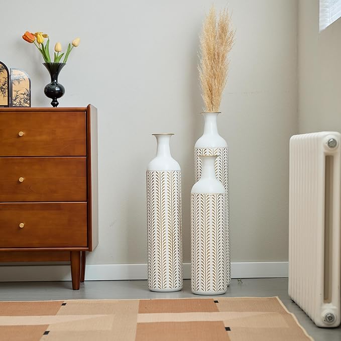 Floor Oversized Gold Metal Decorative Vase with 3D Triangle Pattern Set of 3 Large Vases for Home Living Room 33.5 ", 29.5 ", 25.2" High (Vintage White)