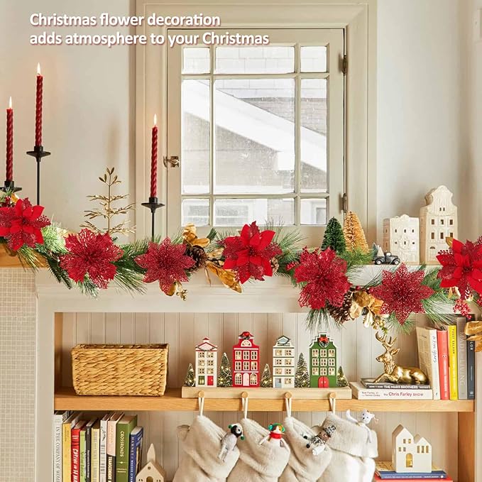 RECUTMS 66 Pcs 3 Styles Red Christmas Ornaments Christmas Glitter Poinsettia Flowers Artificial Christmas Tree Flower Decorations Wedding Wreath Floral Decorations (Red)