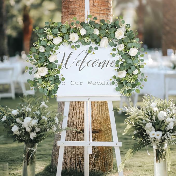 SOMYTING Artificial Flower Garland, Artificial Rose Vine Fake Flower Garland Silk Rose Peony Hanging Vine Faux Floral Garlands for Wedding Party Arch Table Wall Backdrop Decoration (White, 4PCS)