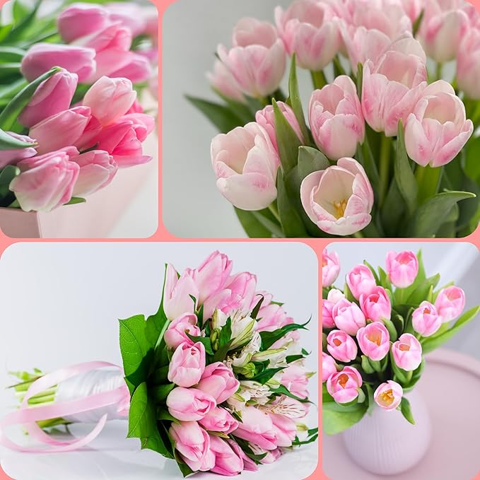 Sggvecsy 30 Pcs Fake Tulips Artificial Flowers Real Touch PU Faux Flowers Tulip Stems for Wedding Spring Bouquet Floral Arrangement Home Party Office Decorations for Mother's Day (Light Pink)