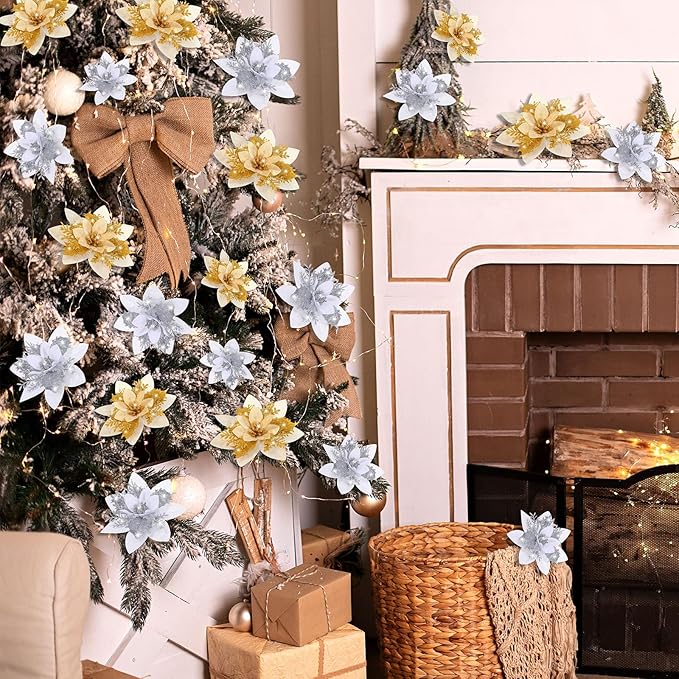 Geosar 24 Christmas Glitter Artificial Poinsettia Flowers Xmas Poinsettia Wedding Flowers Decorations Xmas Tree Ornaments with Clips for Party Favors, 6 Inch, 4 Inch, 3 Inch(Gold and Sliver)